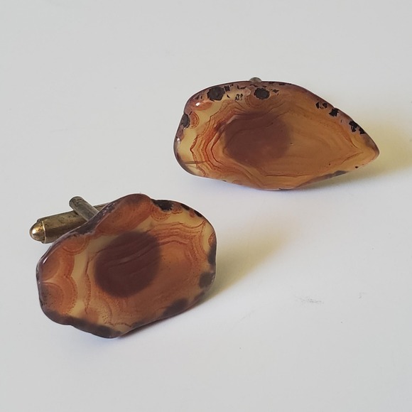 Vintage Brown Live Edge Agate Cufflinks Pair Balance Grounding Inner Peace - Picture 2 of 4